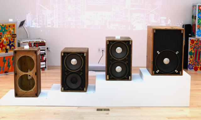 Grateful Dead “Wall of Sound” piano speaker cabinet, ca. 1974 on display during a media preview at Sotheby’s Rock & Pop auction on April 13, 2026 in New York City, dedicated to objects and moments that have shaped classic rock and contemporary pop. The guitars are part of Sotheby's "Rock & Pop" sale taking place in April. (Photo by TIMOTHY A. CLARY / AFP)