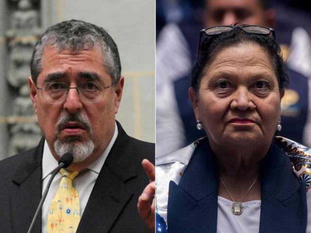 (FILES) (COMBO) This combination of file pictures created on August 12, 2024 shows Guatemalan President Bernardo Arevalo during a press conference at the Culture Palace in Guatemala City on January 24, 2024, and Guatemala's Attorney General, Consuelo Porras, during a press conference at the Public Prosecutor's Office building in Guatemala City on May 7, 2024. Guatemala’s President, Bernardo Arevalo, said on April 13, 2026 that Attorney General Consuelo Porras –who has been sanctioned by the United States which considers her corrupt and anti-democratic is "dangerous" for the country, and reiterated his refusal to re-elect her. (Photo by Orlando  ESTRADA and Edwin BERCIAN / AFP)