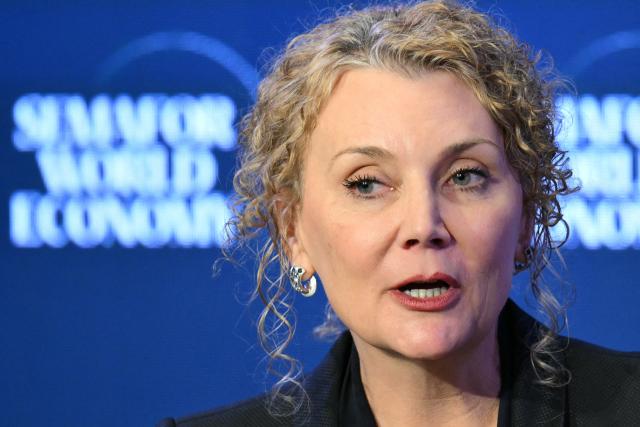 Philip Morris International (PMI) CEO Stacey Kennedy speaks during the Semafor World Economy 2026 Summit at a hotel in Washington, DC, on April 13, 2026. (Photo by Mandel NGAN / AFP)