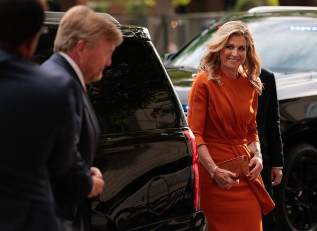 Dutch King Willem-Alexander (L) and Queen Maxima arrive for an event at the US Chamber of Commerce in Washington, DC, on April 13, 2026. (Photo by Kent Nishimura / AFP)