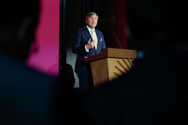 Dutch King Willem-Alexander speaks at an event at the US Chamber of Commerce in Washington, DC, on April 13, 2026. (Photo by Kent NISHIMURA / AFP)