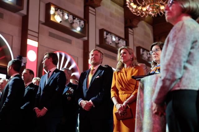 Dutch King Willem-Alexander (C, L) and Queen Maxima (C, R) attend an event at the US Chamber of Commerce in Washington, DC, on April 13, 2026. (Photo by Kent NISHIMURA / AFP)