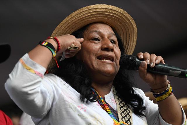 Colombia's vice-presidential candidate Aida Quilcue, for the Pacto Historico party, speaks during a campaign rally in Cali, Valle del Cauca department, Colombia on April 13, 2026. Colombia will hold presidential elections on May 31. (Photo by Joaquín SARMIENTO / AFP)