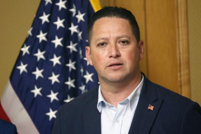 (FILES) US Representative Tony Gonzales (R-TX) speaks during a press conference in Kyiv on July 1, 2024. Gonzales on Monday said he will retire from Congress as he faced an expulsion vote for having an affair with a staffer who later died from suicide. (Photo by Anatolii STEPANOV / AFP)