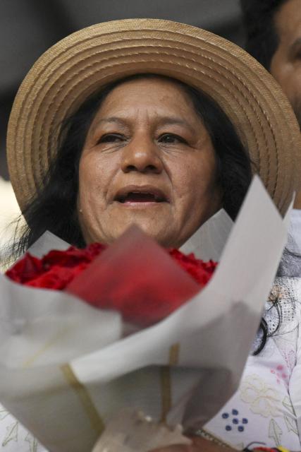 Colombia's vice-presidential candidate Aida Quilcue, for the Pacto Historico party, speaks during a campaign rally in Cali, Valle del Cauca department, Colombia on April 13, 2026. Colombia will hold presidential elections on May 31. (Photo by JOAQUIN SARMIENTO / AFP)