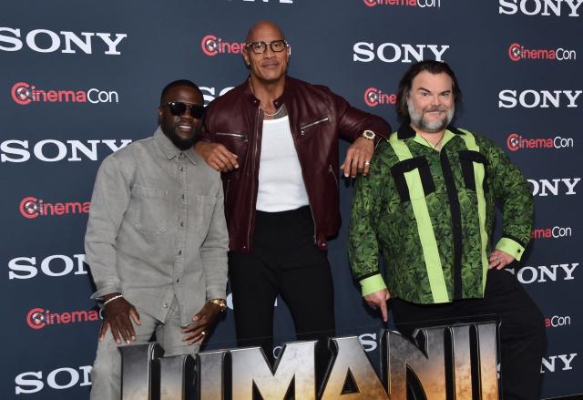 (L/R) US actors Kevin Hart, Dwayne Johnson and Jack Black attend the Sony Pictures Entertainment photo call during CinemaCon at The Colosseum at Caesars Palace on April 13, 2026 in Las Vegas, Nevada. (Photo by Chris Delmas / AFP)