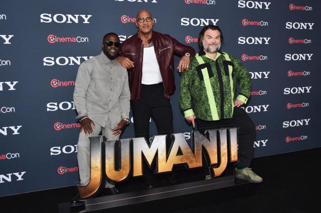 (L/R) US actors Kevin Hart, Dwayne Johnson and Jack Black attend the Sony Pictures Entertainment photo call during CinemaCon at The Colosseum at Caesars Palace on April 13, 2026 in Las Vegas, Nevada. (Photo by Chris Delmas / AFP)
