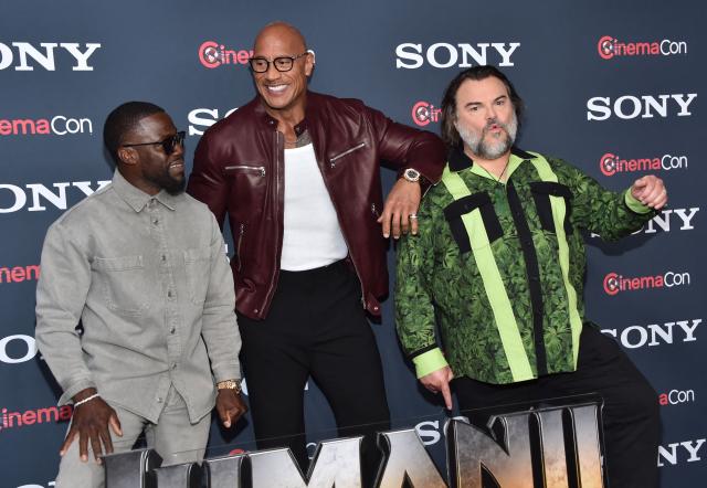 (L/R) US actors Kevin Hart, Dwayne Johnson and Jack Black attend the Sony Pictures Entertainment photo call during CinemaCon at The Colosseum at Caesars Palace on April 13, 2026 in Las Vegas, Nevada. (Photo by Chris Delmas / AFP)