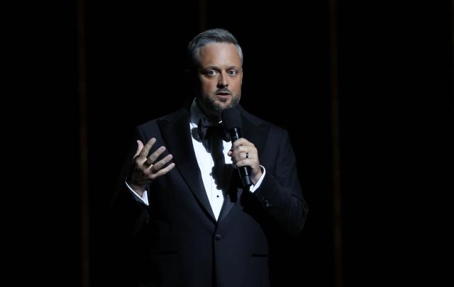 US comedian Nate Bargatze speaks onstage about "The Breadwiner" during the Sony Pictures Entertainment Presentation & Opening Night at CinemaCon at The Colosseum at Caesars Palace on April 13, 2026 in Las Vegas, Nevada. (Photo by VALERIE MACON / AFP)
