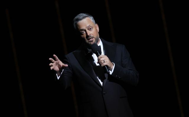 US comedian Nate Bargatze speaks onstage about "The Breadwiner" during the Sony Pictures Entertainment Presentation & Opening Night at CinemaCon at The Colosseum at Caesars Palace on April 13, 2026 in Las Vegas, Nevada. (Photo by VALERIE MACON / AFP)