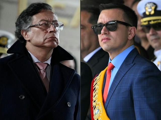 (COMBO) This combination of pictures created on April 13, 2026 shows Colombia’s President Gustavo Petro attending a military ceremony to introduce the new commanders of the Armed Forces in Bogota on December 29, 2025, and Ecuador's President Daniel Noboa attending the change of command ceremony for the Joint Command of the Armed Forces at the Eloy Alfaro Superior Military School on the outskirts of Quito on November 26, 2025. “Lift the tariffs and we'll talk,” Colombian President Gustavo Petro told his Ecuadorian counterpart, Daniel Noboa, on April 13, 2026, amid a diplomatic crisis that has spilled over into bilateral trade and energy cooperation. (Photo by Sergio Yate and Rodrigo BUENDIA / AFP)