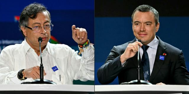 (COMBO) This combination of pictures created on April 13, 2026 shows Colombia's President Gustavo Petro speaking during the inauguration of the Latin America and the Caribbean International Economic Forum at the Panama Convention Center in Panama City on January 28, 2026, and Ecuador's President Daniel Noboa speaking during the inauguration of the Latin America and the Caribbean International Economic Forum at the Panama Convention Center in Panama City on January 28, 2026. “Lift the tariffs and we'll talk,” Colombian President Gustavo Petro told his Ecuadorian counterpart, Daniel Noboa, on April 13, 2026, amid a diplomatic crisis that has spilled over into bilateral trade and energy cooperation. (Photo by Martin BERNETTI / AFP)