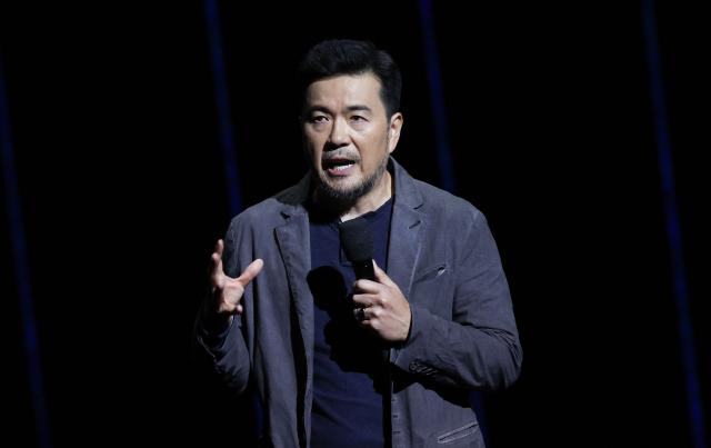 Taiwanese-US director Justin Lin promotes the movie "Helldivers" onstage during the Sony Pictures Entertainment Presentation & Opening Night at CinemaCon at The Colosseum at Caesars Palace on April 13, 2026 in Las Vegas, Nevada. (Photo by VALERIE MACON / AFP)