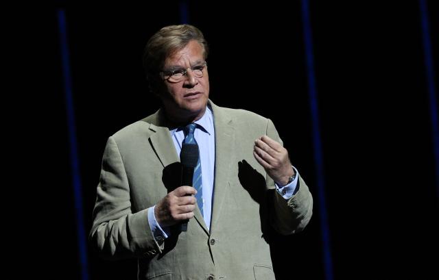 US writer director Aaron Sorkin promotes the movie "The Social Reckoning" onstage during the Sony Pictures Entertainment Presentation & Opening Night at CinemaCon at The Colosseum at Caesars Palace on April 13, 2026 in Las Vegas, Nevada. (Photo by VALERIE MACON / AFP)