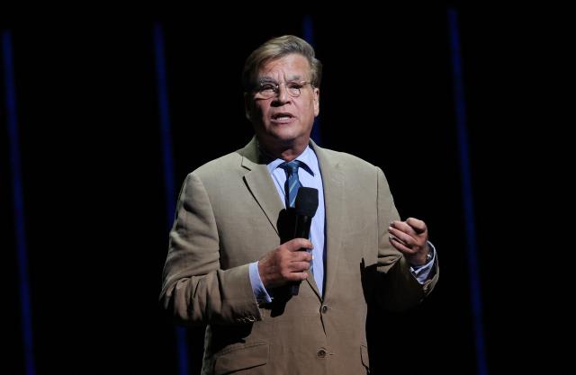 US writer director Aaron Sorkin promotes the movie "The Social Reckoning" onstage during the Sony Pictures Entertainment Presentation & Opening Night at CinemaCon at The Colosseum at Caesars Palace on April 13, 2026 in Las Vegas, Nevada. (Photo by VALERIE MACON / AFP)