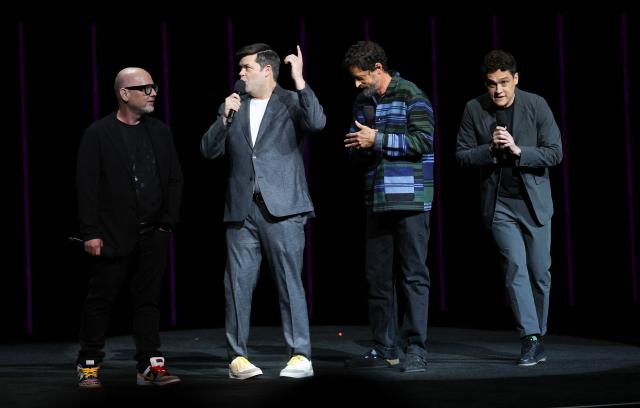 (L-R) Director Justin K. Thompson, producer/writer Chris Miller, director Bob Persichetti and producer/writer promote the upcoming film "Spider Man: Beyond The Spider-Verse" during Sony Pictures Entertainment Presentation & Opening Night at CinemaCon at The Colosseum at Caesars Palace on April 13, 2026 in Las Vegas, Nevada. (Photo by VALERIE MACON / AFP)