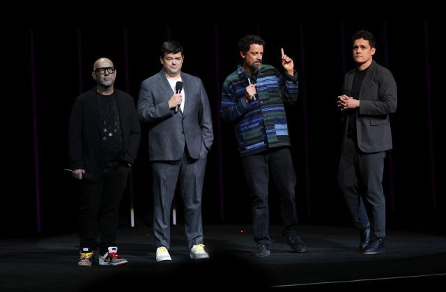 (L-R) Director Justin K. Thompson, producer/writer Chris Miller, director Bob Persichetti and producer/writer promote the upcoming film "Spider Man: Beyond The Spider-Verse" during Sony Pictures Entertainment Presentation & Opening Night at CinemaCon at The Colosseum at Caesars Palace on April 13, 2026 in Las Vegas, Nevada. (Photo by VALERIE MACON / AFP)