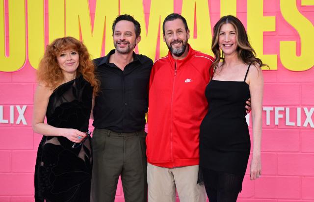 US actress Natasha Lyonne (L), US actor Nick Kroll, US actor Adam Sandler and wife Jackie Sandler attend Netflix's "Roommates" premiere at the Egyptian Theater in Los Angeles, on April 13, 2026. (Photo by Frederic J. BROWN / AFP)