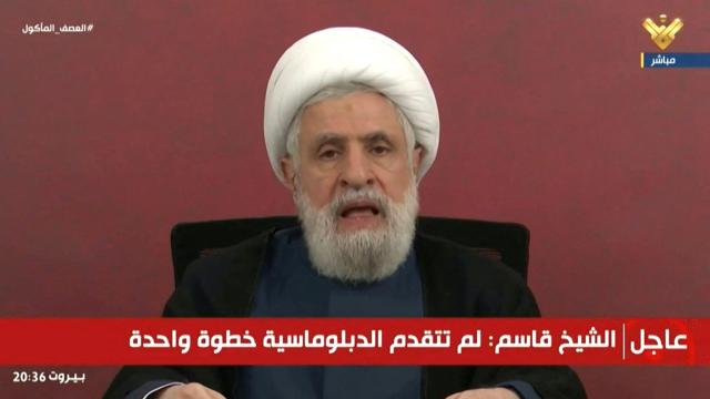 This frame grab taken from AFPTV footage shows Hezbollah's  leader Naim Qassem delivering a speech from an undisclosed location on April 13, 2026. Qassem urged Lebanon to cancel a planned meeting with Israel in Washington on April 14, 2026, reiterating his group's rejection of direct negotiations with its foe. Israeli strikes have killed more than 2,000 people in Lebanon and displaced more than a million since the Iran-backed group Hezbollah drew the country into the Middle East war. (Photo by AFPTV / AFP)