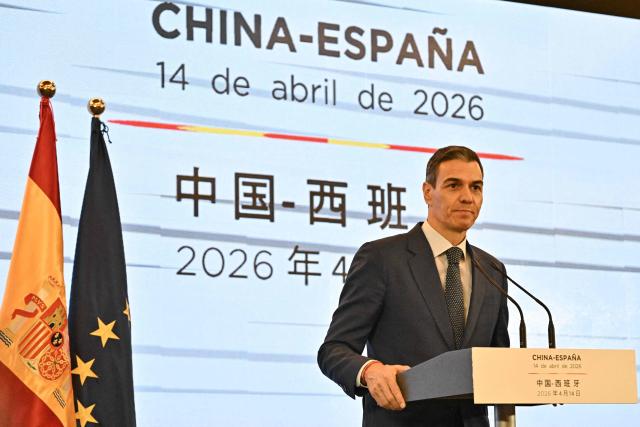 Spain's Prime Minister Pedro Sanchez attends a press conference in Beijing on April 14, 2026, after a meeting with China's President Xi Jinping. Sanchez urged reform to make the world order "more representative" after talks with Chinese President Xi Jinping in Beijing. (Photo by Pedro PARDO / AFP)