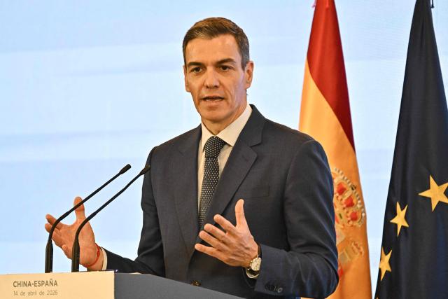 Spain's Prime Minister Pedro Sanchez speaks during a press conference in Beijing on April 14, 2026, after a meeting with China's President Xi Jinping. Sanchez urged reform to make the world order "more representative" after talks with Chinese President Xi Jinping in Beijing. (Photo by Pedro PARDO / AFP)