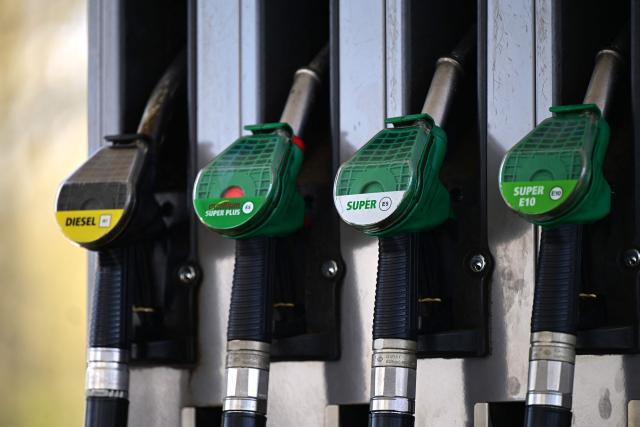 (FILES) A photo shows a petrol pump at a petrol station at the motorway A43 near Muenster on April 1, 2026. Demand for crude oil will likely see the biggest slump in the second quarter since the Covid pandemic slammed the global economy in 2020, the International Energy Agency warned on April 14, 2026. (Photo by Ina FASSBENDER / AFP)