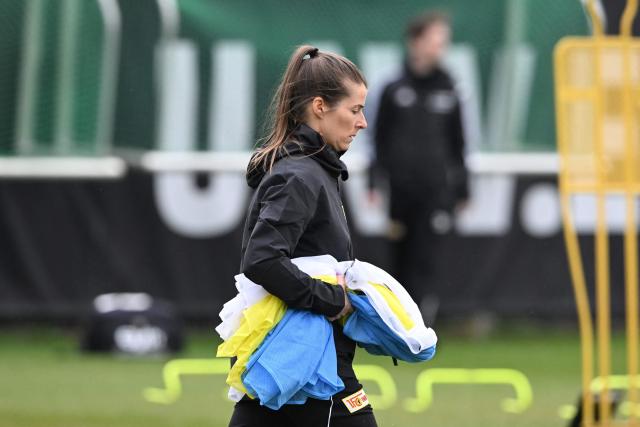 Union Berlin's new German head coach Marie-Louise Eta attends a training session of the  German first division Bundesliga football club 1 FC Union Berlin in Berlin on April 14, 2026. Bundesliga club Union Berlin named Marie-Louise Eta as head coach, making her the first female manager of a men's team in a top-five European league, after former mentor Steffen Baumgart was sacked. The 34-year-old will take over for the remainder of the season. (Photo by RALF HIRSCHBERGER / AFP)