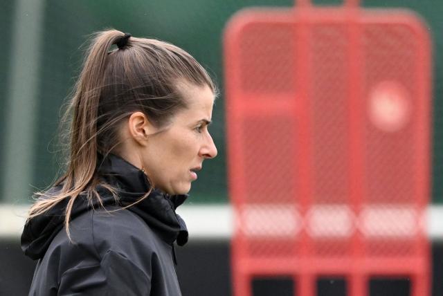 Union Berlin's new German head coach Marie-Louise Eta attends a training session of the  German first division Bundesliga football club 1 FC Union Berlin in Berlin on April 14, 2026. Bundesliga club Union Berlin named Marie-Louise Eta as head coach, making her the first female manager of a men's team in a top-five European league, after former mentor Steffen Baumgart was sacked. The 34-year-old will take over for the remainder of the season. (Photo by RALF HIRSCHBERGER / AFP)