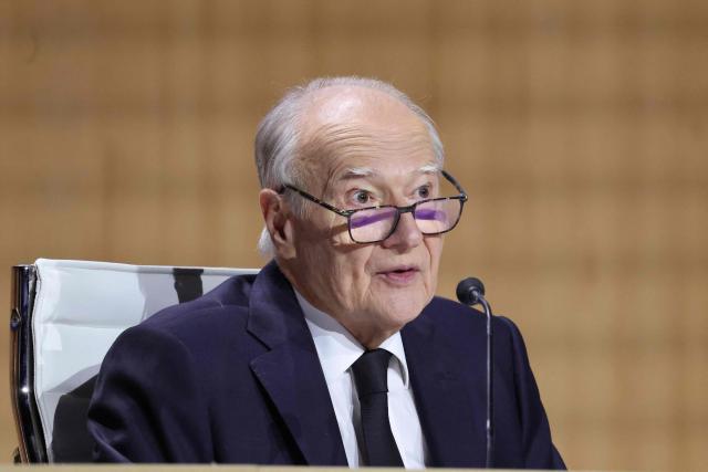 Vinci chief executive Xavier Huillard addresses shareholders during the general meeting of infrastructure group Vinci in Paris on April 14, 2026. (Photo by Ludovic MARIN / AFP)