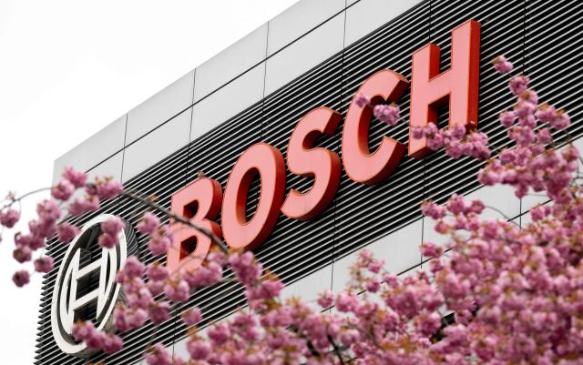 The logo of German technology company Bosch is seen in Stuttgart, southern Germany, on April 14, 2026. Bosch will hold its annual press conference on April 16, 2026. (Photo by THOMAS KIENZLE / AFP)