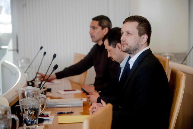 Greenland's prime minister Jens-Frederik Nielsen (R) attends the opening of the spring session of the Greenlandic parliament Inatsisartut in Nuuk, Greenland, on April 14, 2026. (Photo by Oscar Scott Carl / Ritzau Scanpix / AFP) / Denmark OUT