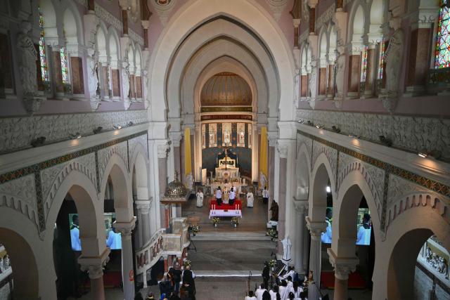 Pope Leo XIV leads a mass at the basilica of St. Augustine in Annaba on the second day of  an 11-day apostolic journey to Africa, on April 14, 2026. (Photo by Alberto PIZZOLI / AFP)