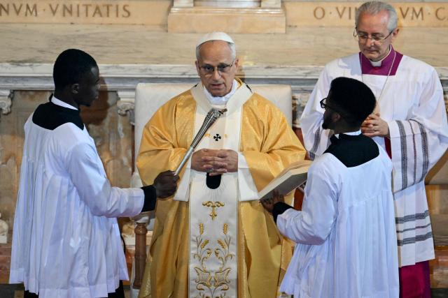 Pope Leo XIV leads a mass at the basilica of St. Augustine in Annaba on the second day of  an 11-day apostolic journey to Africa, on April 14, 2026. (Photo by Alberto PIZZOLI / AFP)