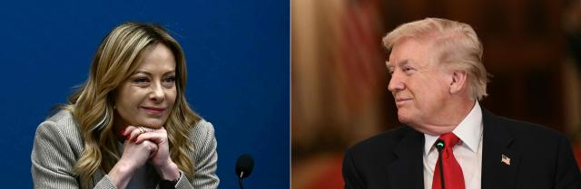 (COMBO) This combination of file pictures created on April 14, 2026 shows Italy's Prime Minister, Giorgia Meloni facing journalists during the New Year press conference in Rome on January 9, 2026 (L) and US President Donald Trump listening during a roundtable to "save college sports" in the East Room of the White House in Washington, DC, on March 6, 2026 (R). US President Donald Trump on April 14, 2026 launched a stinging criticism of Italy's Prime Minister Giorgia Meloni, one of his main European allies, over her unwillingness to join the Iran war. "I'm shocked at her. I thought she had courage, but I was wrong," he said in an interview with Italian daily Corriere della Sera. Meloni, Italy's far-right leader since October 2022, has been one of Trump's closest allies in Europe and often seeks to act as a mediator between diverging US and European views. (Photo by Filippo MONTEFORTE and Brendan SMIALOWSKI / AFP)