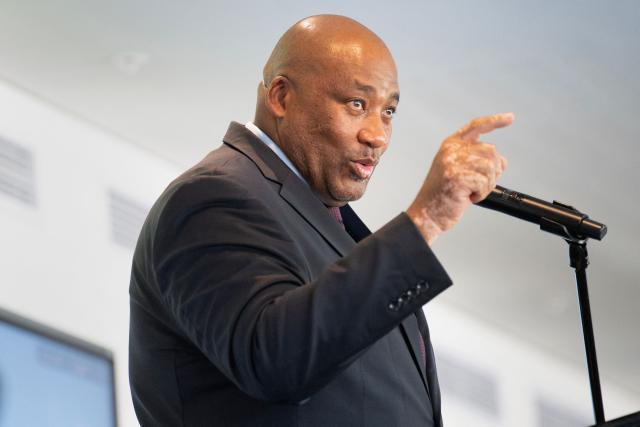 South African Minister of Sports, Arts and Culture, Gayton McKenzie at a repatriation handover event at the Iziko South African Museum, in Cape Town, on April 14, 2026. South Africa on Tuesday handed back to Zimbabwe ancestral human remains and a centuries-old stone carving of its sacred national emblem, the Zimbabwe bird, taken more than 100 years ago during the colonial era.
The restitution was part of a worldwide push for artefacts looted from African countries during the colonial era to be repatriated. (Photo by RODGER BOSCH / AFP)