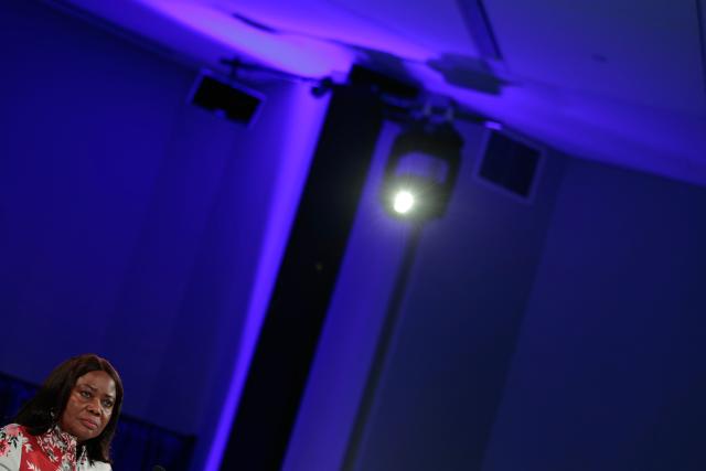 Iyabo Masha, IMF Intergovernmental Group of Twenty Four director, attends a briefing on the Intergovernmental Group of Twenty-Four (G-24) at the 2026 IMF and World Bank Group Spring Meetings in Washington, DC, on April 14, 2026. (Photo by Kent Nishimura / AFP)