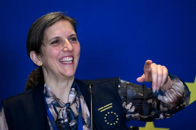 Annalisa Corrado, Chief Observer of the European Union Election Observation Mission (EU EOM) to Peru, speaks during a press conference to present the preliminary report on the observation in Lima, on April 14, 2026. With right-wing candidate Keiko Fujimori the favourite to reach a run-off in Peru, the special voting day for some 50,000 citizens who were unable to vote the previous day came to a close on April 13, 2026. (Photo by Luis ROBAYO / AFP)