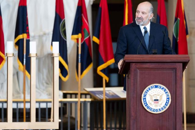 US Commerce Secretary Howard Lutnick speaks during the United States Holocaust Memorial Museum's National Commemoration of the Days of Remembrance ceremony on Capitol Hill in Washington, DC, on April 14, 2026. Days of Remembrance, held every year since 1979, commemorates the six million Jewish men, women, and children systematically murdered in the Holocaust and the survivors, as well as the millions of other victims of Nazi persecution. The event honors the American troops who fought to defeat Nazism and recognizes the US Army divisions that liberated concentration camps. (Photo by SAUL LOEB / AFP)