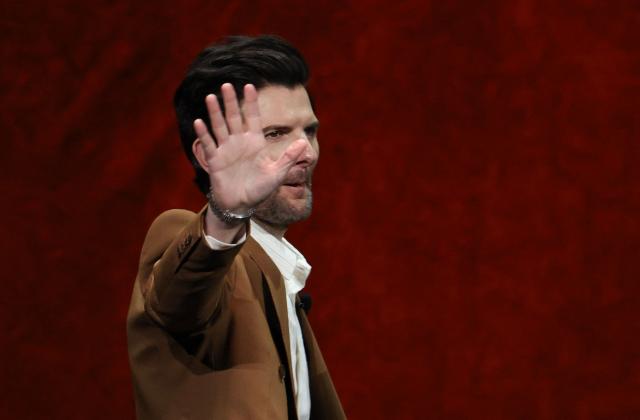US actor Adam Scott promotes the upcoming film "Hokum"  during "The State of the Industry" and NEON presentation at CinemaCon at The Colosseum at Caesars Palace in Las Vegas, Nevada, on April 14, 2026. (Photo by VALERIE MACON / AFP)