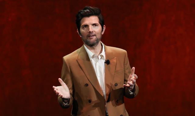 US actor Adam Scott promotes the upcoming film "Hokum"  during "The State of the Industry" and NEON presentation at CinemaCon at The Colosseum at Caesars Palace in Las Vegas, Nevada, on April 14, 2026. (Photo by VALERIE MACON / AFP)