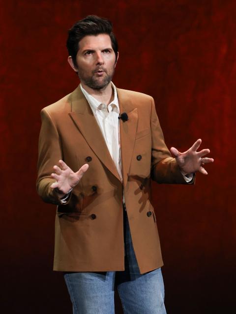 US actor Adam Scott promotes the upcoming film "Hokum"  during "The State of the Industry" and NEON presentation at CinemaCon at The Colosseum at Caesars Palace in Las Vegas, Nevada, on April 14, 2026. (Photo by VALERIE MACON / AFP)