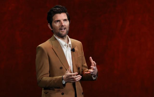 US actor Adam Scott promotes the upcoming film "Hokum"  during "The State of the Industry" and NEON presentation at CinemaCon at The Colosseum at Caesars Palace in Las Vegas, Nevada, on April 14, 2026. (Photo by VALERIE MACON / AFP)