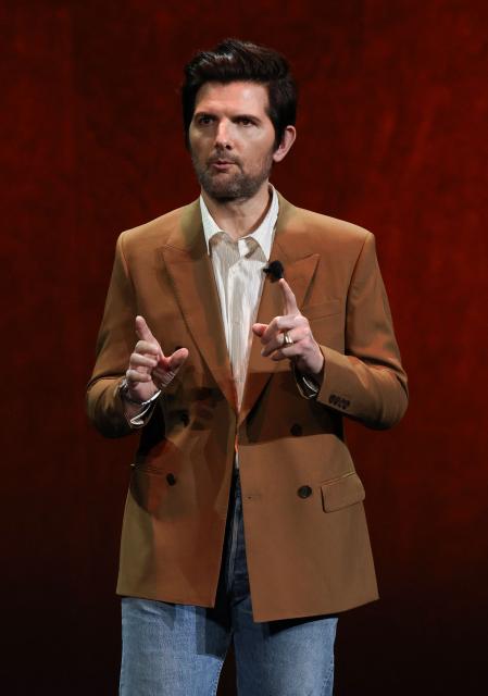 US actor Adam Scott promotes the upcoming film "Hokum"  during "The State of the Industry" and NEON presentation at CinemaCon at The Colosseum at Caesars Palace in Las Vegas, Nevada, on April 14, 2026. (Photo by VALERIE MACON / AFP)