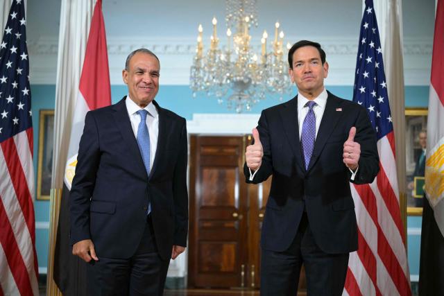 US Secretary of State Marco Rubio (R) and the Egyptian Foreign Minister Badr Abdelatty pose for photos during their meeting at the State Department in Washington, DC, on April 14, 2026. (Photo by Oliver Contreras / AFP)