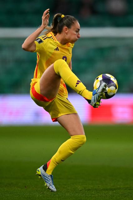 Belgium's forward #09 Tessa Wullaert controls the ball during the Women's FIFA world cup league B, group 4, qualifier football match between Scotland and Belgium at Easter Road, in Edinburgh, Scotland, on April 14, 2026. (Photo by ANDY BUCHANAN / AFP)