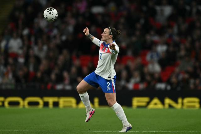 England's defender #02 Lucy Bronze controls the ball during the Women's FIFA world cup league A, group 3, qualifier football match between England and Spain at Wembley stadium, in London on April 14, 2026. (Photo by Ben STANSALL / AFP)