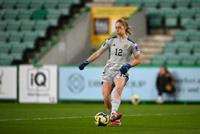 Scotland's Goalkeeper #12 Sandy MacIver passes the ball during the Women's FIFA world cup league B, group 4, qualifier football match between Scotland and Belgium at Easter Road, in Edinburgh, Scotland, on April 14, 2026. (Photo by ANDY BUCHANAN / AFP)