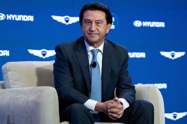 Jose Munoz, CEO of Hyundai, speaks during the Semafor World Economy conference in Washington, DC, on April 14, 2026. (Photo by SAUL LOEB / AFP)