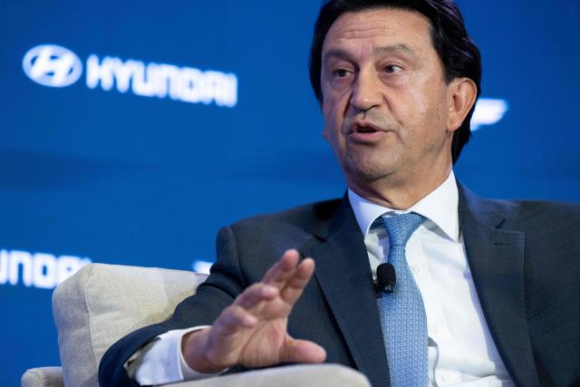 Jose Munoz, CEO of Hyundai, speaks during the Semafor World Economy conference in Washington, DC, on April 14, 2026. (Photo by SAUL LOEB / AFP)