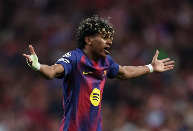 Barcelona's Spanish forward #10 Lamine Yamal reacts during the UEFA Champions League quarter final second leg football match between Club Atletico de Madrid and FC Barcelona at Metropolitano Stadium in Madrid on April 14, 2026. (Photo by Oscar DEL POZO / AFP)
